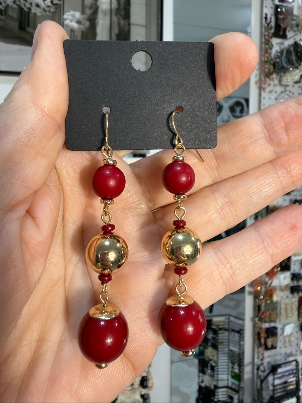 Gold and Deep Red Beaded Drop Earrings - Women Jewelry